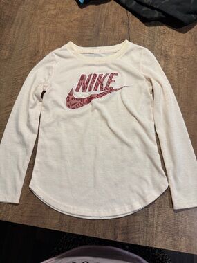 Nike Cream Long Sleeve Tee with Pink Logo